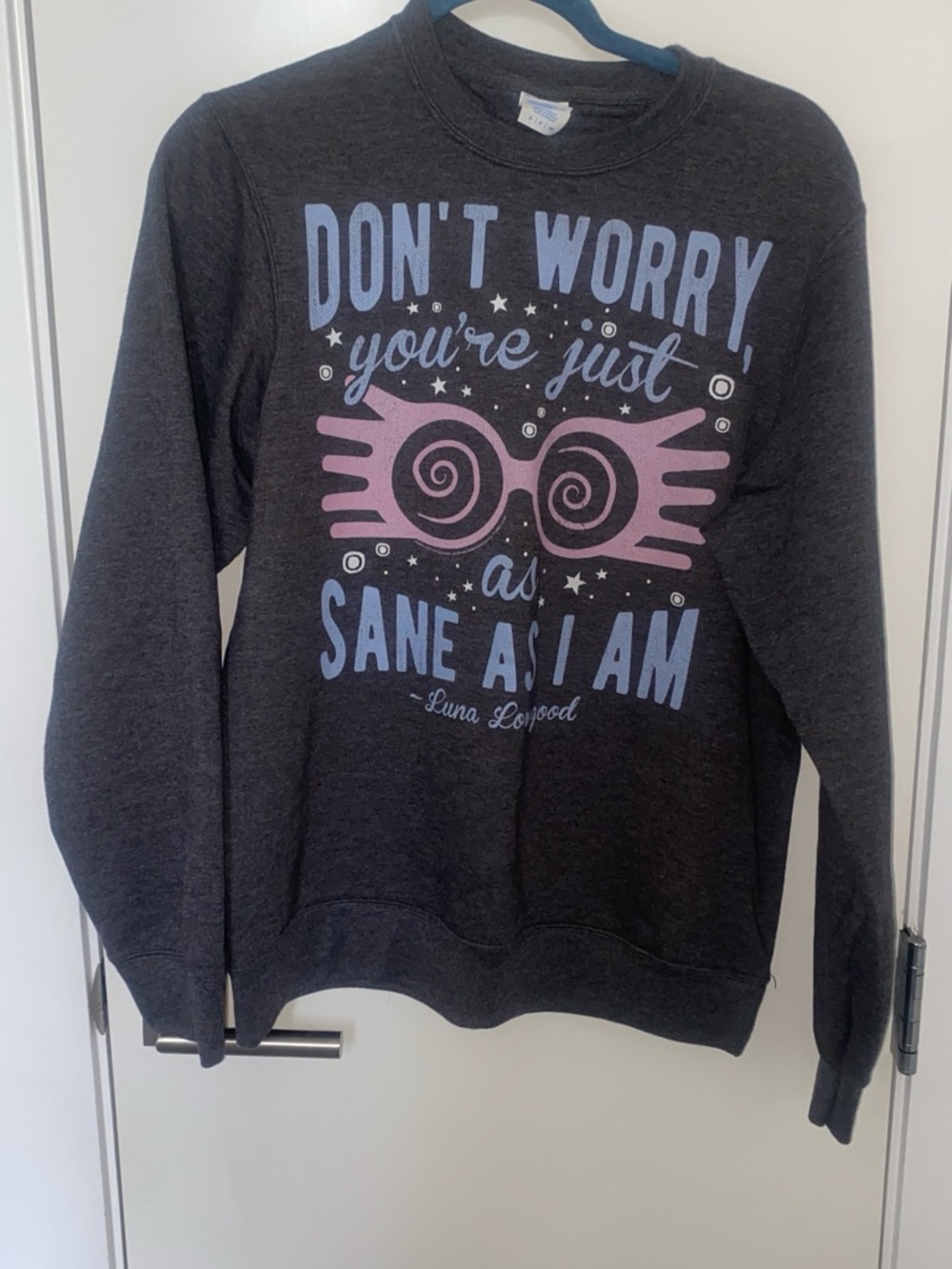 Harry Potter Luna Lovegood, "Don't Worry You're Just as Sane as I Am" sweater.